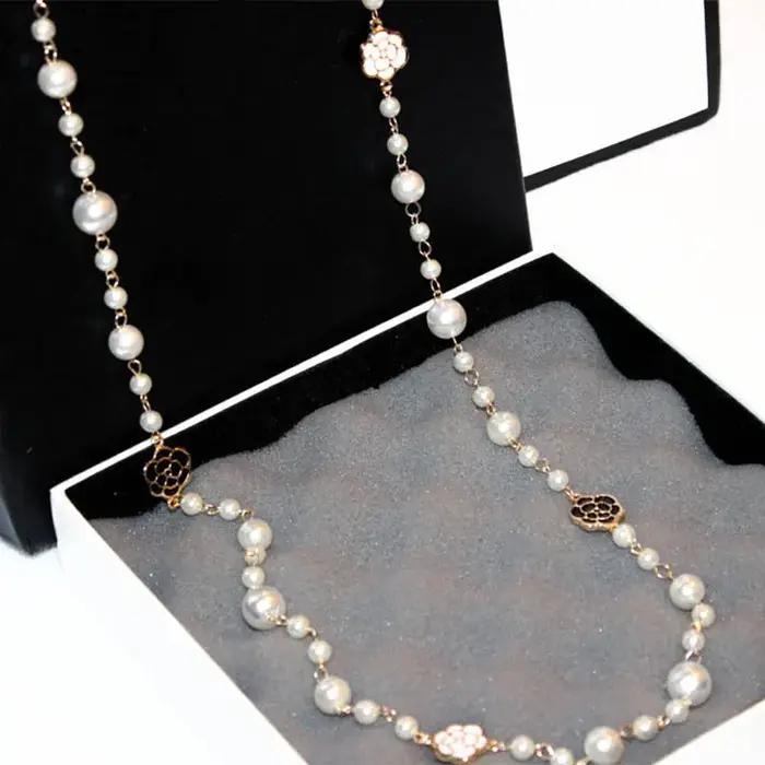 Long collier de perles simulées pour femmes fleur Double couche collane lunghe donna camélia maxi