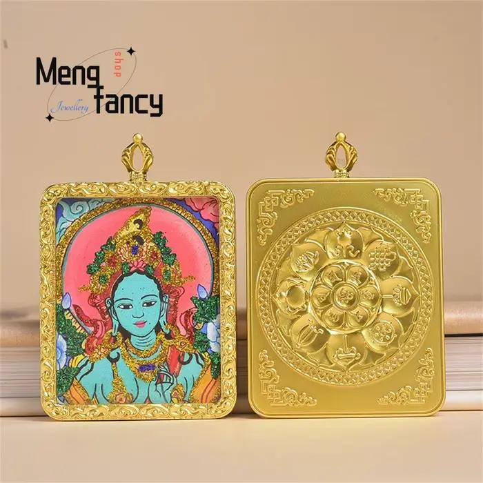 Nouveau modèle de boîte Thangka peinte à la main et dorée avec feuille d'or, pendentif Tara style national, bijoux de mode exquis, cadeau de vacances raffiné
