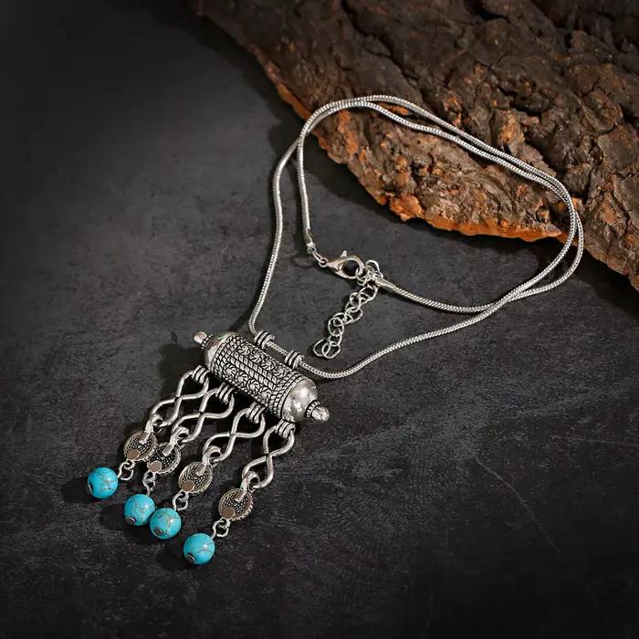 Collier vintage couleur argent avec breloque pour femme, collier long à pampilles et pierre ronde st