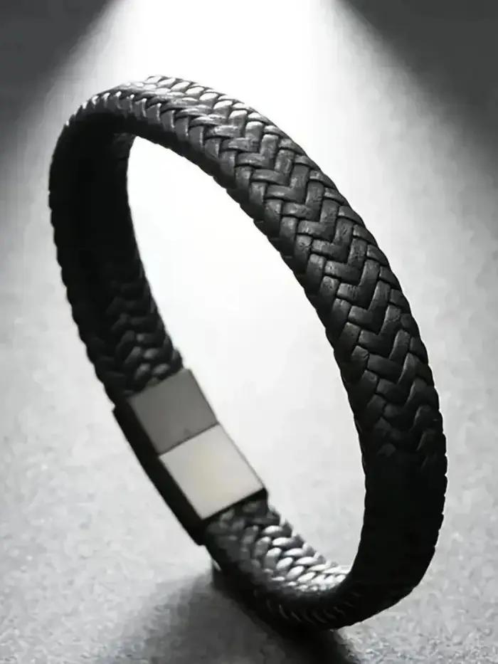 Bracelet en cuir tressé noir classique avec fermoir magnétique, fermoirs robustes et élégants pour homme, bijou simple et tendance, cadeau
