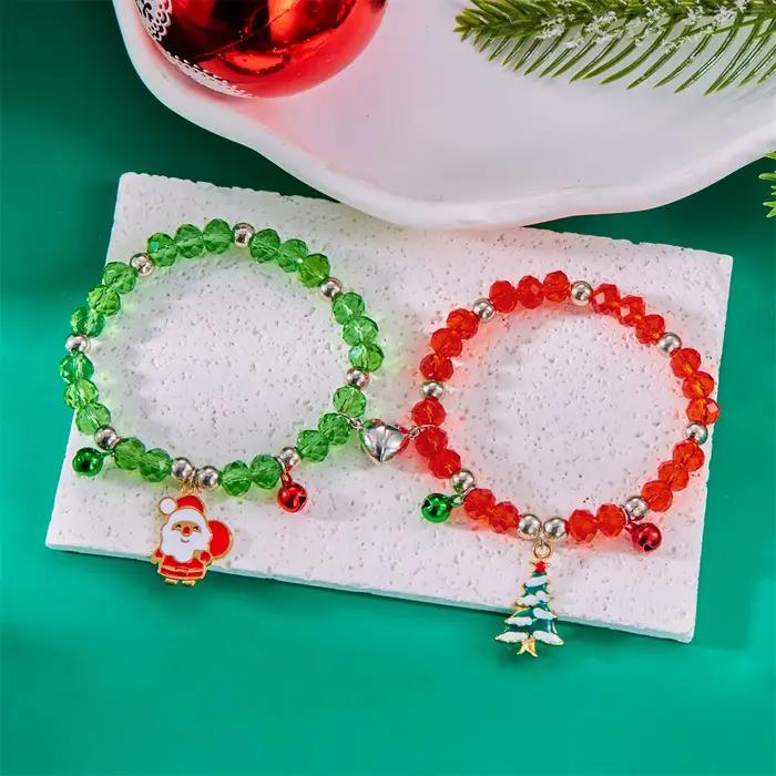 Bracelet de couple de perles de cristal de Noël pour femmes et hommes, vert, rouge, père Noël, arbre, coeur, perles de verre magnétiques, bracelet, bijoux de Noël