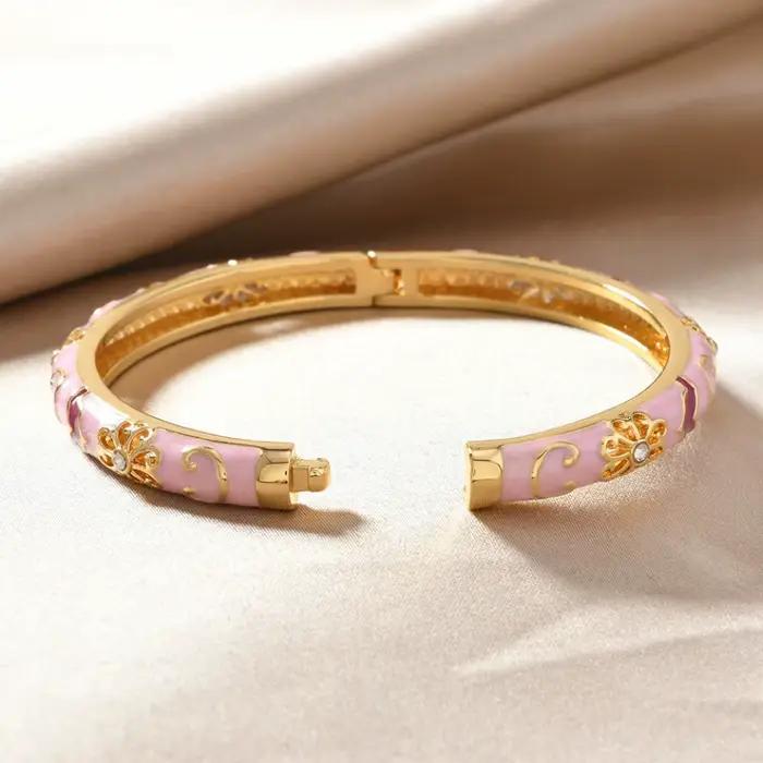 Bracelet Manchette de Luxe Style Ethnique Doré avec Fleurs Émaillées Multicolores et Zircons pour Femme Occasions Spéciales Bagues Colliers Boucles d'Oreilles Bijoux Bohèmes
