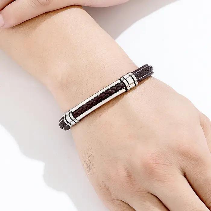 TYO mode tissé en cuir véritable métal acier inoxydable boucle de sécurité Bracelet hommes
