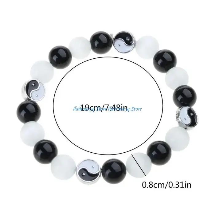 573b Naturel Stone Amitié Yin Yang Bracelet Black Agate Crystal