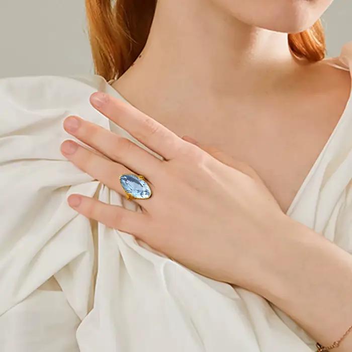 Bague de cocktail royale vintage en argent sterling 925 véritable avec grande pierre ovale en aquamarine bleu ciel pour femme