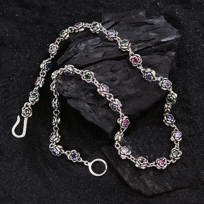 Nouveauté fleur de Rose douce cristal coloré Thai argent dames ensembles de bijoux pour femmes collier Bracelet cadeaux d'anniversaire