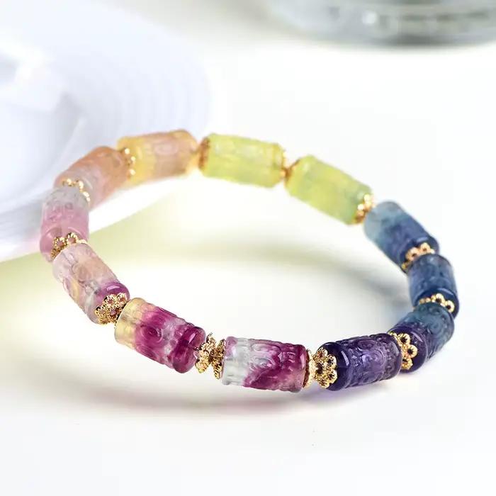 Bracelet en Perles de Fluorite Arc-en-Ciel Naturelle Pour Homme Femme Occasions Spéciales Harmonie Couleurs Pastel Paix Intérieure Élégance Pure