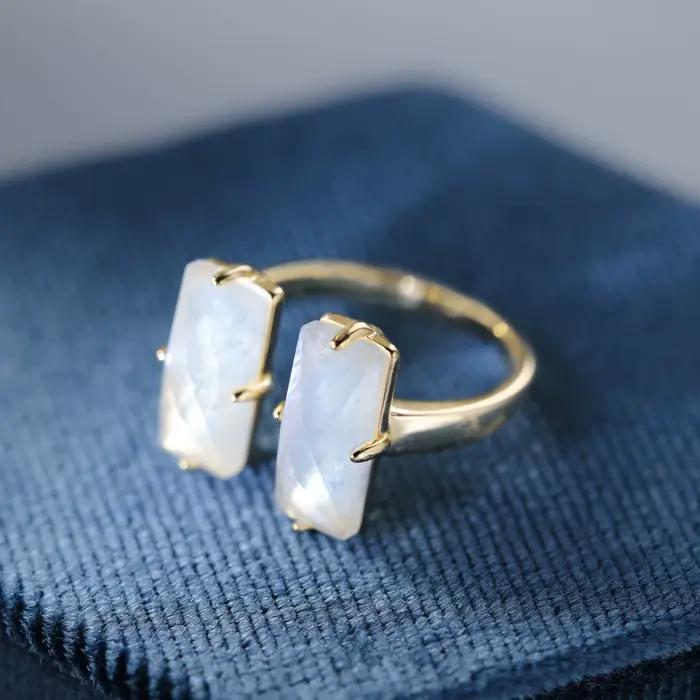 Bague de fiançailles en pierre de lune naturelle, coupe Baguette, en argent Sterling 925, bande réglable pour femmes, pierre bleue, cadeaux de promsie