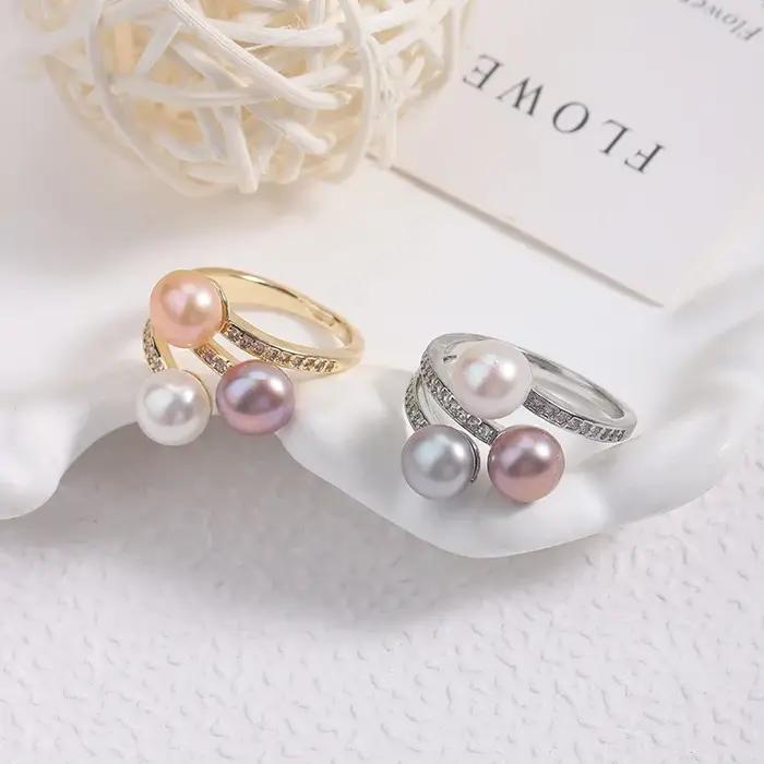 Bague en perles d'eau douce colorées naturelles, blanc, rose, violet, bonbon, réglable, Style ouvert