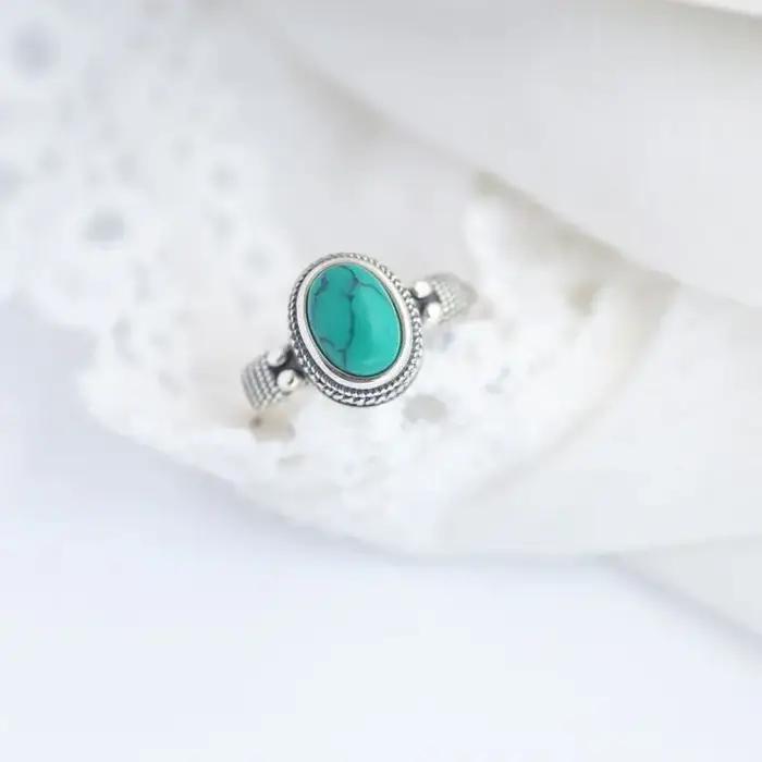 Bague rétro série Turquoise en argent 925 incrusté de bagues bleu-vert pour femmes, rangée unique, s