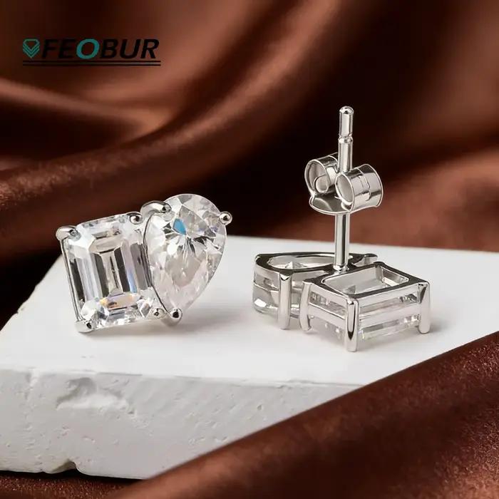 FEOBUR Boucles d'oreilles clous en moissanite à deux pierres 4 carats en argent sterling 925