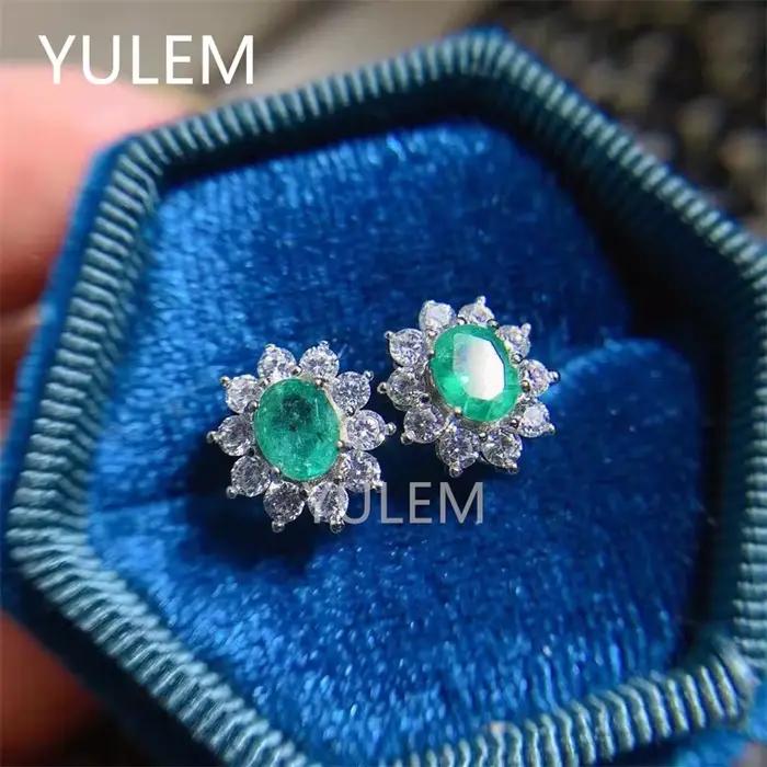 Boucles d'oreilles en émeraude naturelle fine pour femmes, en argent avec placage platine en argent