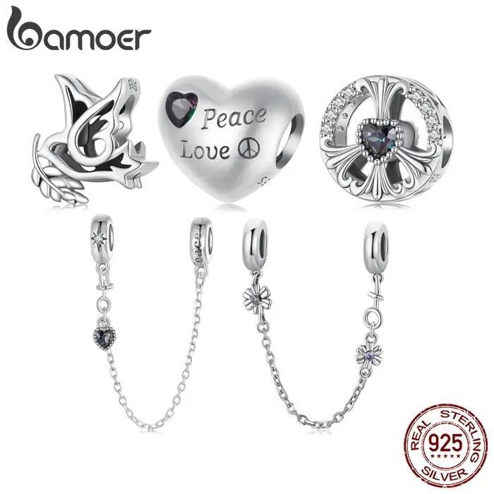 BAMOER Anti-guerre série 925 en argent Sterling colombe de la paix et amour coeur breloque à perles Bracelet Original