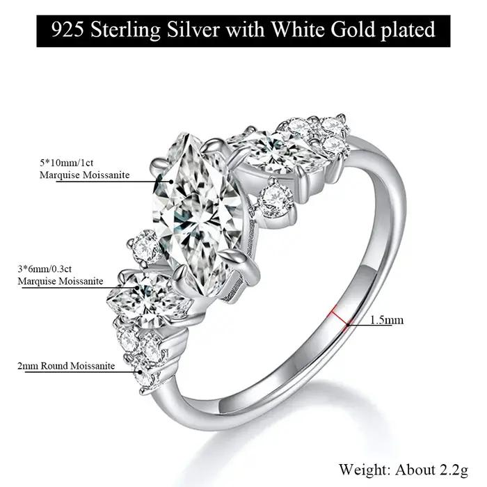 Bague Statement Asymétrique LinkerLove en Argent 925 Plaqué Or Rose avec Moissanite Marquise et Grappe de Pierres Multiples