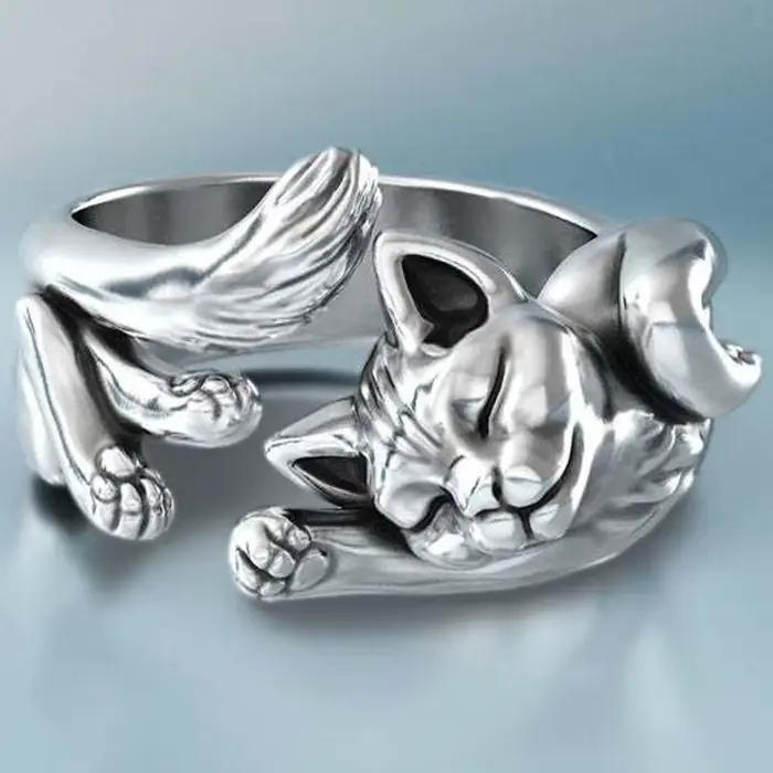 Nouveau Vintage mignon chat anneaux femmes bijoux cadeau d'anniversaire à la mode taille ouverte 925