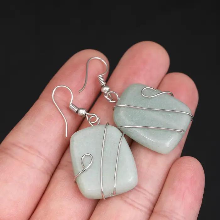 Boucles d'oreilles carrées en soie, Jade naturel, améthyste, cristal blanc, obsidienne, cadeau, bijoux pour femmes, Boucles d'oreilles en pierre naturelle