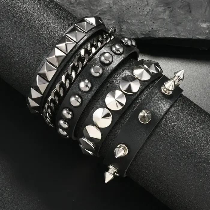 Nouveau 3 pièces/ensemble noir Goth Emo Boho Bracelets pour femme hommes Punk gothique pointe Rivets Bracelet en cuir PU