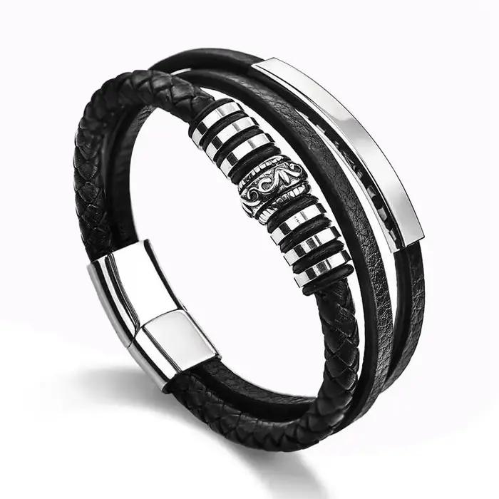Bracelet en cuir pour homme style punk acier inoxydable plaqué argent rhodium occasion quotidienne fête cadeau original