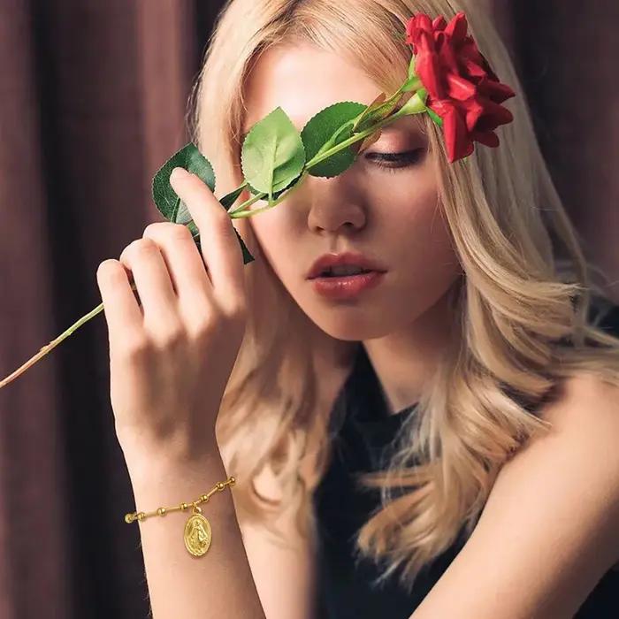 Bracelet Chapelet en Acier Inoxydable Plaqué Or Croix Religieuse Cadeau pour Femmes Occasions Spéciales