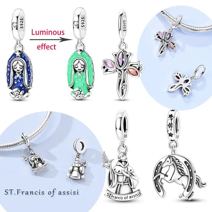 Breloques en argent 925 Saint François Cheval Croix Lumineuse Perles Notre-Dame Pendentif Compatible Bracelets Originaux Femme Bijoux DIY Cadeaux