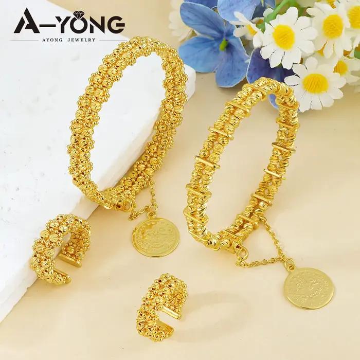 Ensemble de bijoux en or plaqué 24 carats pour femmes, bracelets et bagues en perles rondes, bijoux islamiques vintage pour célébrations et occasions spéciales