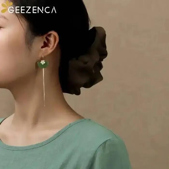 GEEZENCA Aventurine feuille de Ginkgo 925 argent fleur longue gland balancent boucles d'oreilles femmes délicat à la mode déclaration boucle d'oreille cadeau