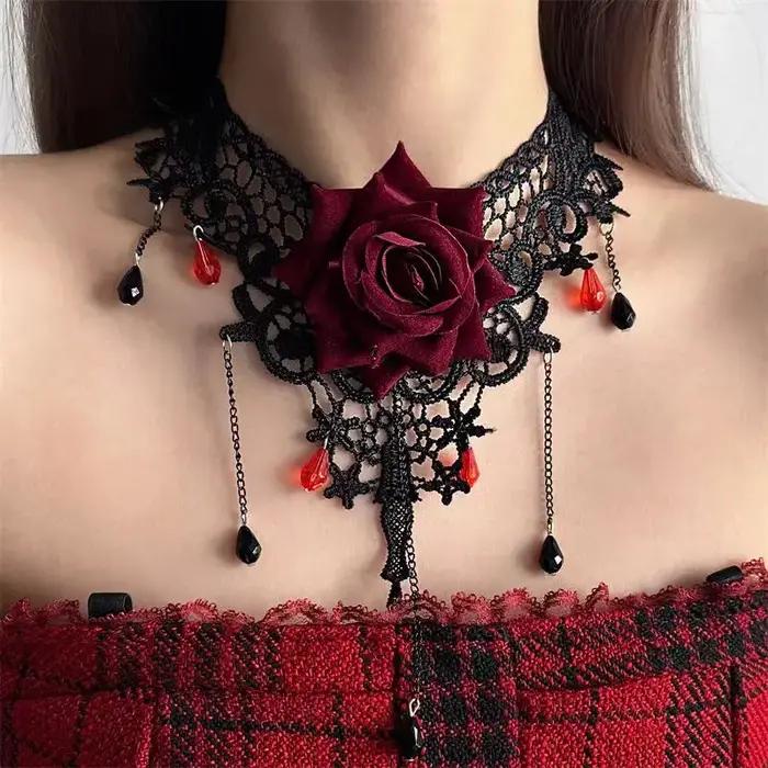 2025 Collier rose en dentelle Dark Romance - Bijoux gothiques d'Halloween pour femme