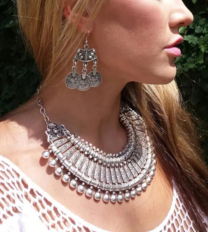 Vintage pièces argentées collier boucles d'oreilles gitane ethnique Tribal turc Afghan inde Pakistan