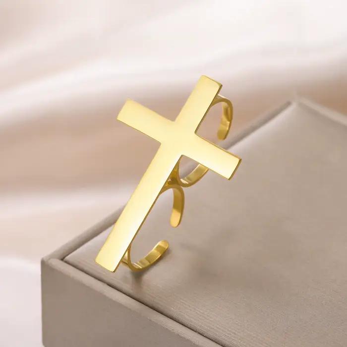 Bague Croix pour Femme et Homme en Acier Inoxydable Réglable