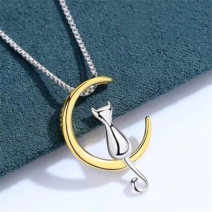 Collier le chat sur la lune en argent Sterling 925 pour femmes