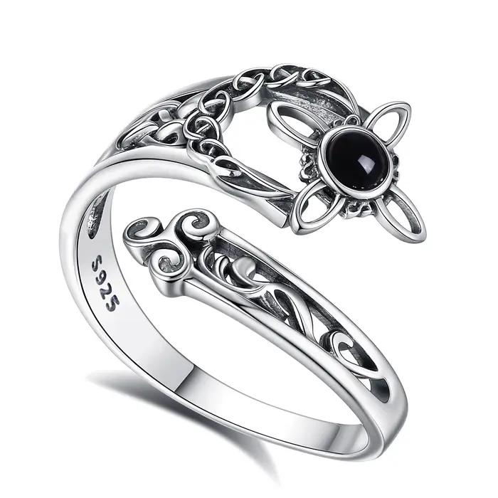 Bague ajustable Eudora en argent sterling 925 avec obsidienne