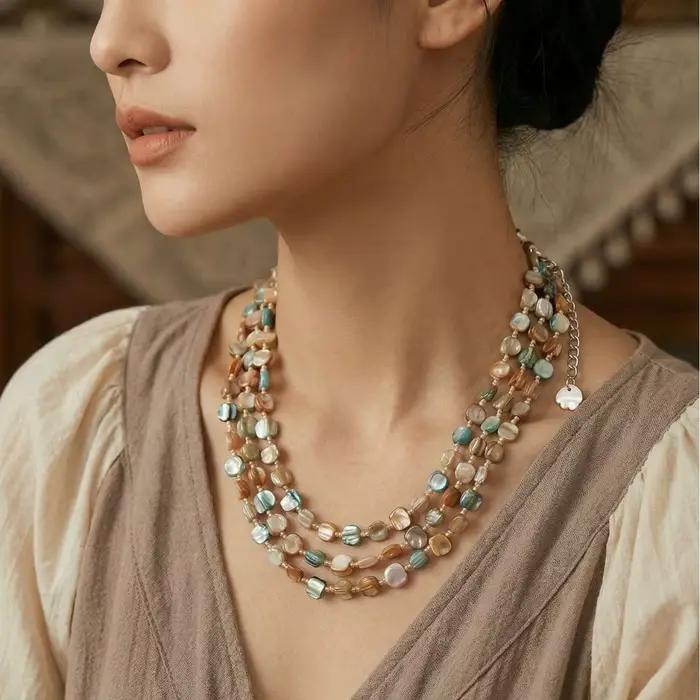 Collier de perles de coquillages multicouches luxueux pour femmes, collier ras du cou coloré, design géométrique tendance, bijoux en coquillages faits à la main