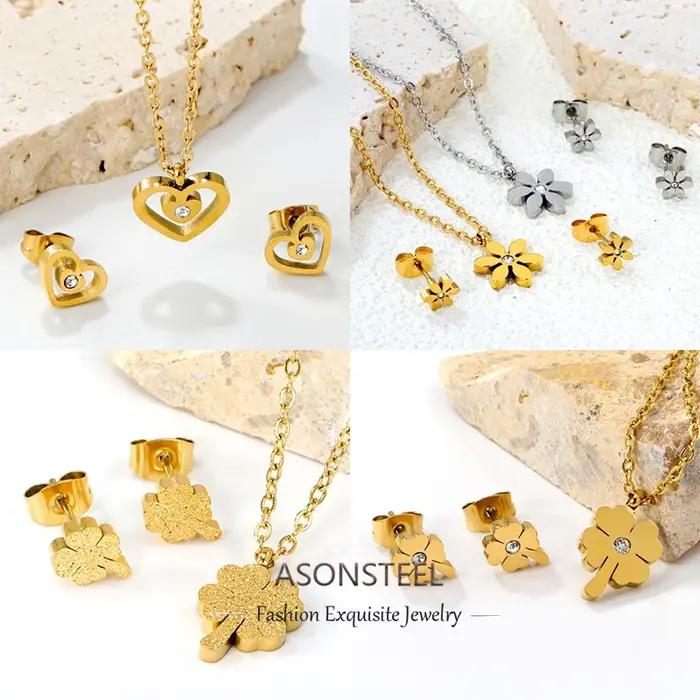 ASONSTEEL brillant coeur fleur zircone pendentif collier boucle d'oreille ensembles de bijoux en acier inoxydable pour les femmes délicat usage quotidien cadeaux