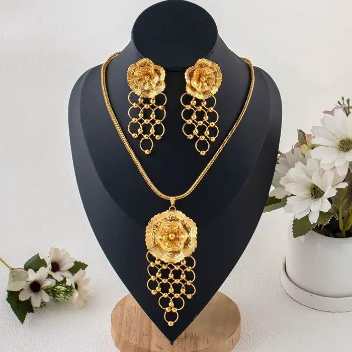 Bijoux en acier inoxydable pour femme, bijoux en or 24 carats de Dubaï, ensemble collier et boucles