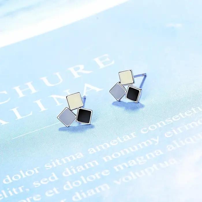 Boucles d'oreilles à clous carrées en argent Sterling 925 avec zirconium et cristal pour femme style élégant et moderne