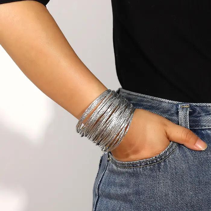 Amorcome Simple couleur mixte brillant Bracelets en cuir pour Femme mode Boho bandes multicouches large Bracelet