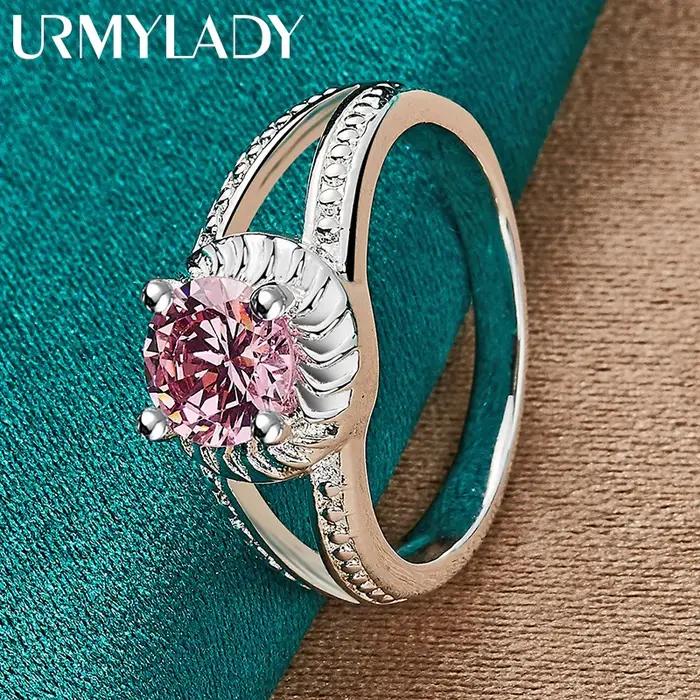 URMYLADY Breloque en argent sterling 925 avec zircon rose 7-10 # Bague pour femmes, bijoux à la mo