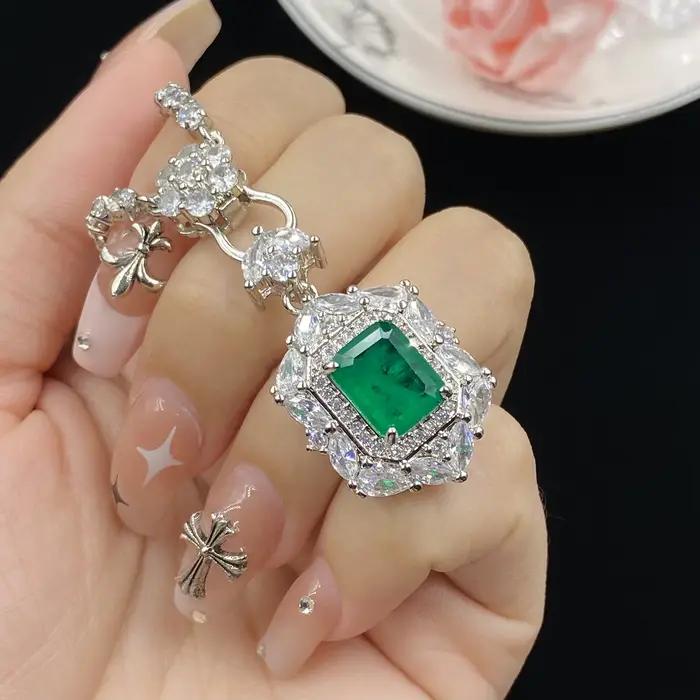 Simulation émeraude tourmaline plein diamant luxe princesse carré ouverture anneau pendentif boucles d'oreilles bracelet ensemble