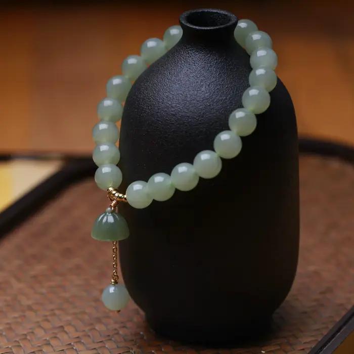 Pendentif Lotus en perles rondes pour femmes, avec breloque Simple, Bracelet en Jade Hetian, anneau unique de 8mm, mode petite amie, cadeau DIY, vente en gros