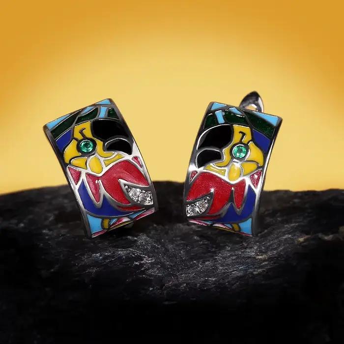 Boucles d'oreilles en forme de perroquet pour femmes, en argent 925, colorées, faites à la main, en émail, uniques, à la mode, géométriques, bohème