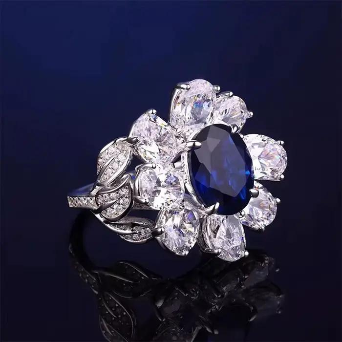 Wong Rain – bague en argent Sterling 925 pour femmes, taille ovale, saphir, rubis, diamant à haute teneur en carbone, fleur, bijoux fins, cadeau d'anniversaire, 5CT