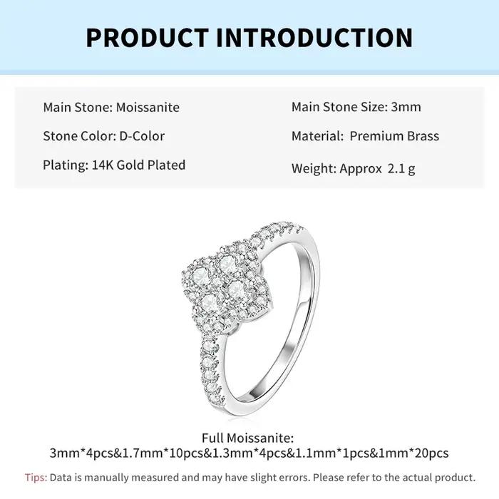 Bague de mariage Rrjzz en moissanite couleur D, motif fleur à quatre feuilles, certifiée GRA, imitat