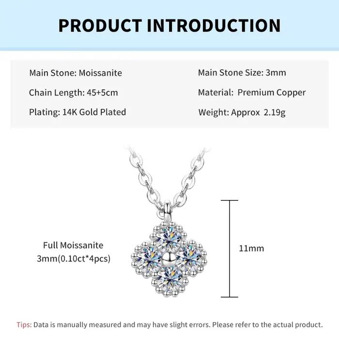 Collier en moissanite Rrjzz Lucky Clover D-Color pour femme, bijou en or plaqué 14 carats avec pendentif fleur à quatre feuilles, cadeau romantique pour les occasions spéciales