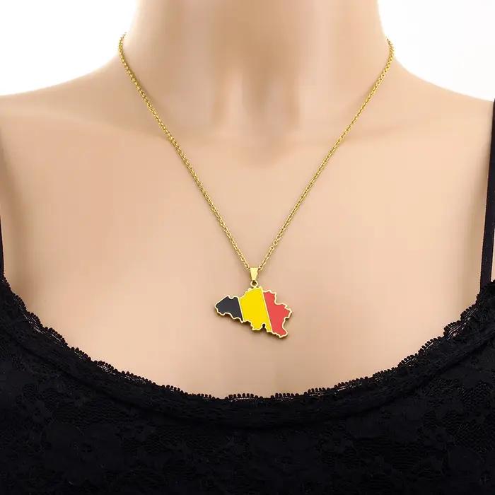 Acier inoxydable émail belgique carte drapeau pendentif collier unisexe Couple ethnique patriotique bijoux cadeau offre spéciale européenne américaine