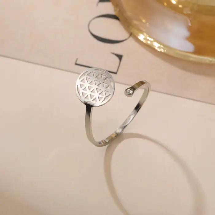 Teamer fleur de vie clair Zircon femmes anneaux réglable en acier inoxydable anneaux ouverts amulette géométrie sacrée bijoux cadeau