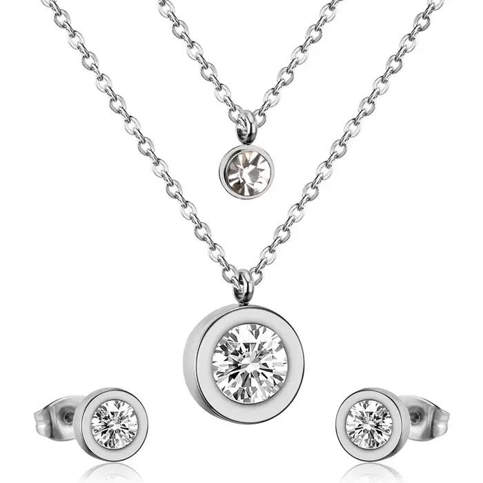 Ensembles de Bijoux de luxe en zircone cubique, en acier inoxydable, pendentif Double rond, collier