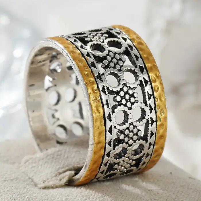 Bague pour femme sculptée à la main, creuse, en métal bicolore, géométrique, pour usage quotidien, b
