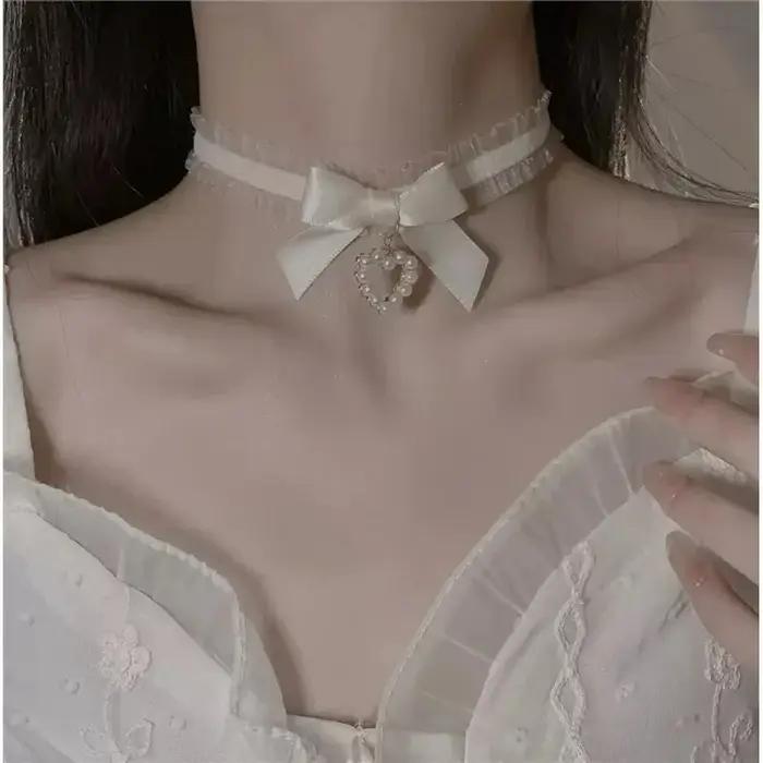 Collier en dentelle perlée Sweet Lolita Y2K nœud papillon pour femmes romantique mignon occassions spéciales quotidienne