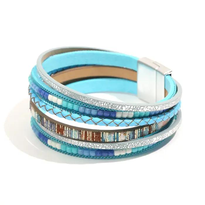 Femme multicouche en cuir enveloppé Bracelets cristaux perle manchette Bracelet Style ouest asiatique fille mode bijoux cadeau d'anniversaire