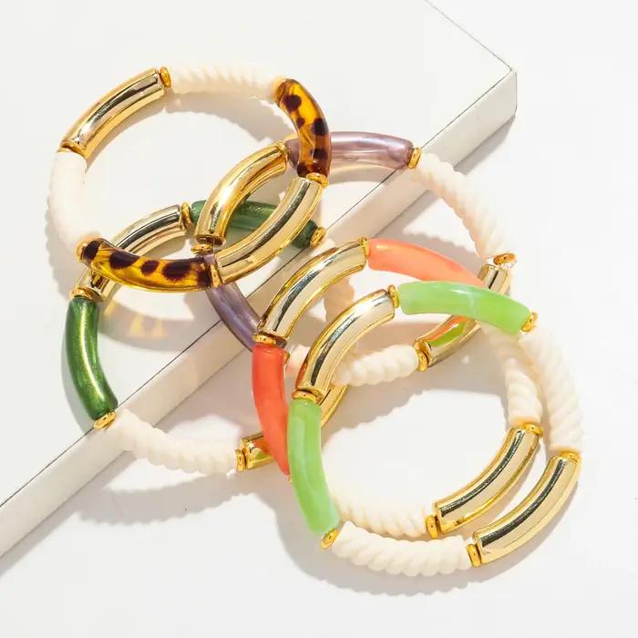 Bracelets à Main en Fil de Bambou Acrylique pour Femme Accessoire en Résine Empilable Tube Fin Perle Extensible Bijoux Cadeaux Occasions Spéciales